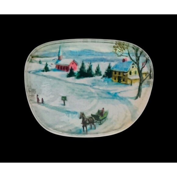 Vtg Lucite Winter Scene Brooch Snow Trees Church Horse Sleigh Paper Backed - Picture 1 of 6
